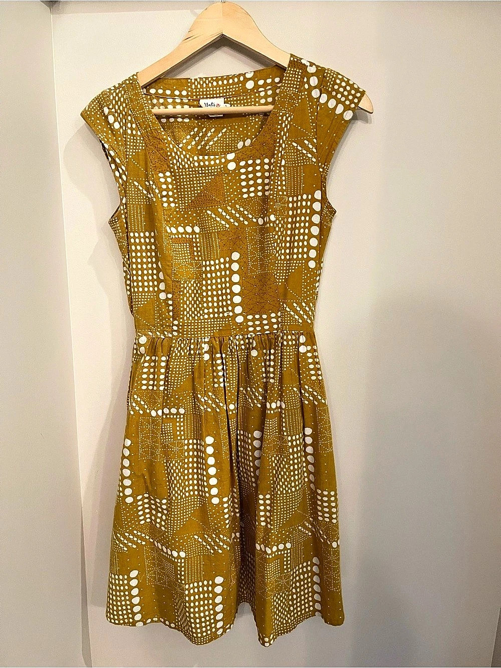 Mata Traders Organic Cotton Geometric Mini Dress in Yellow & White Like New